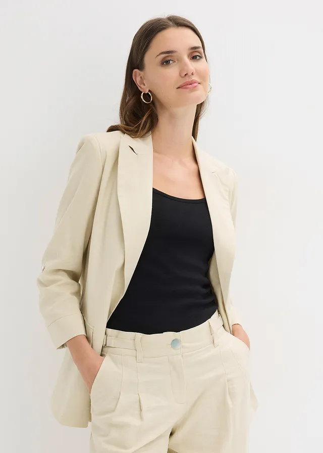 Blazer van een linnenmix, Kleur: lichtsand