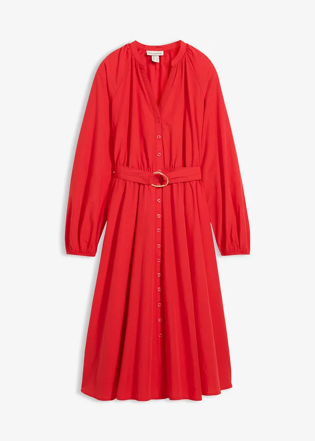 Robe-chemise en coton et soie avec ceinture, Couleur: fraise