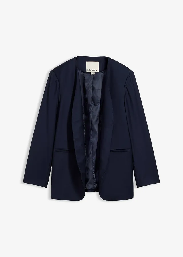 Kraagloze blazer in een zachte wolmix, Kleur: donkerblauw