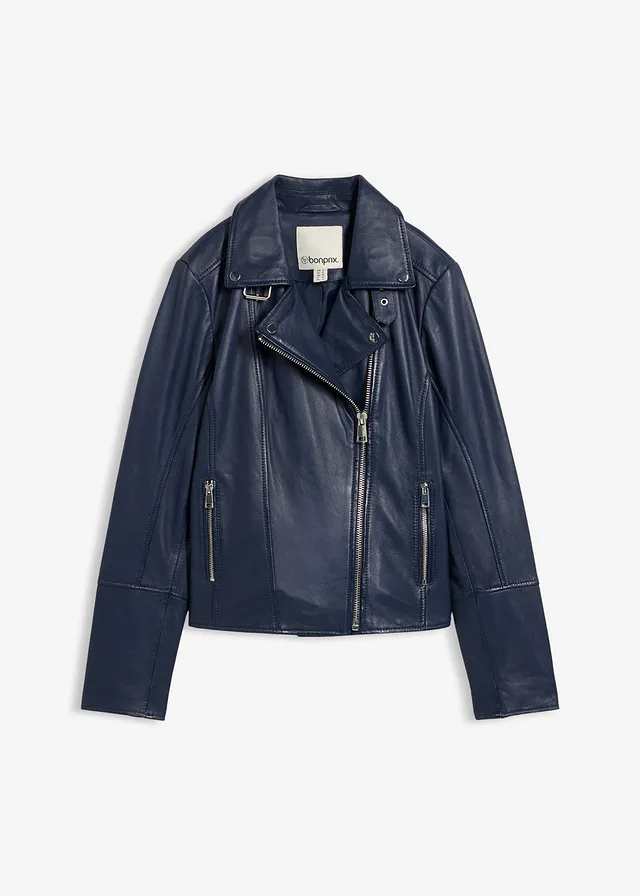 Veste biker en cuir nappa d’agneau • bleu foncé • Boutique bonprix