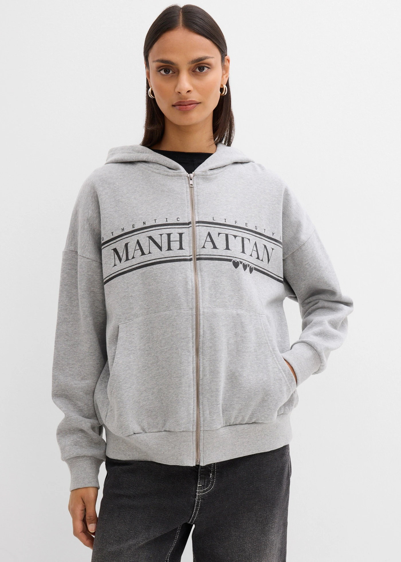 Sweat zippé large à capuche • gris clair chiné imprimé • Boutique bonprix