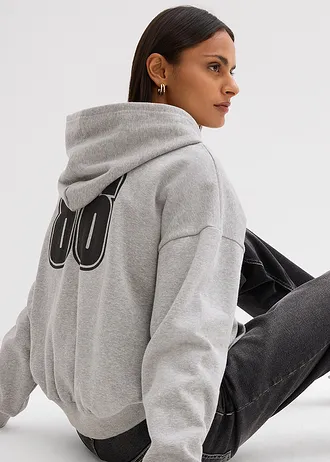 Jachetă largă casual cu glugă, din bumbac organic 100% • gri deschis melanj, cu imprimeu • magazin bonprix