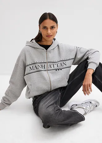 Sweat zippé large à capuche • gris clair chiné imprimé • Boutique bonprix