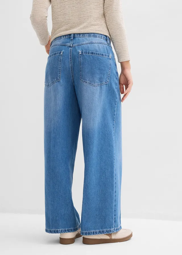 Wide Leg farmer, Mid Waist • világoskék denim, használt hatású • bonprix áruház