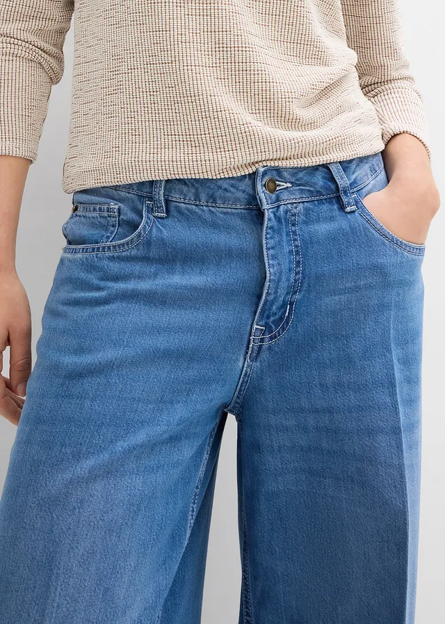 Wide Leg farmer, Mid Waist • világoskék denim, használt hatású • bonprix áruház