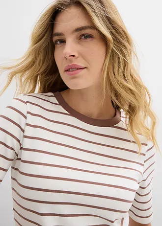 Tricou din bumbac organic 100% greu • ecru/maro castaniu dungat • magazin bonprix