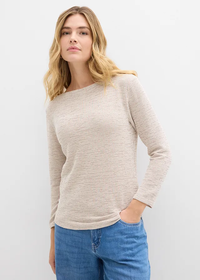 T-shirt doux, Couleur: blanc cassé-marron carreaux