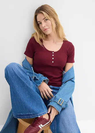 T-shirt col tunisien, 100% coton • rouge érable • Boutique bonprix