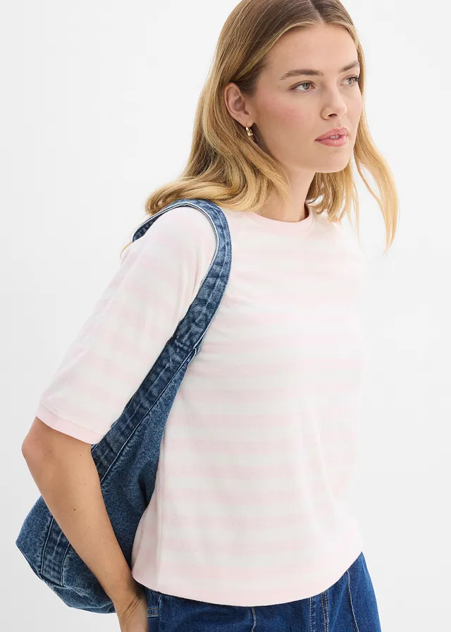 Bluză tricot din material frotir moale • roz deschis/ecru cu dungi • magazin bonprix
