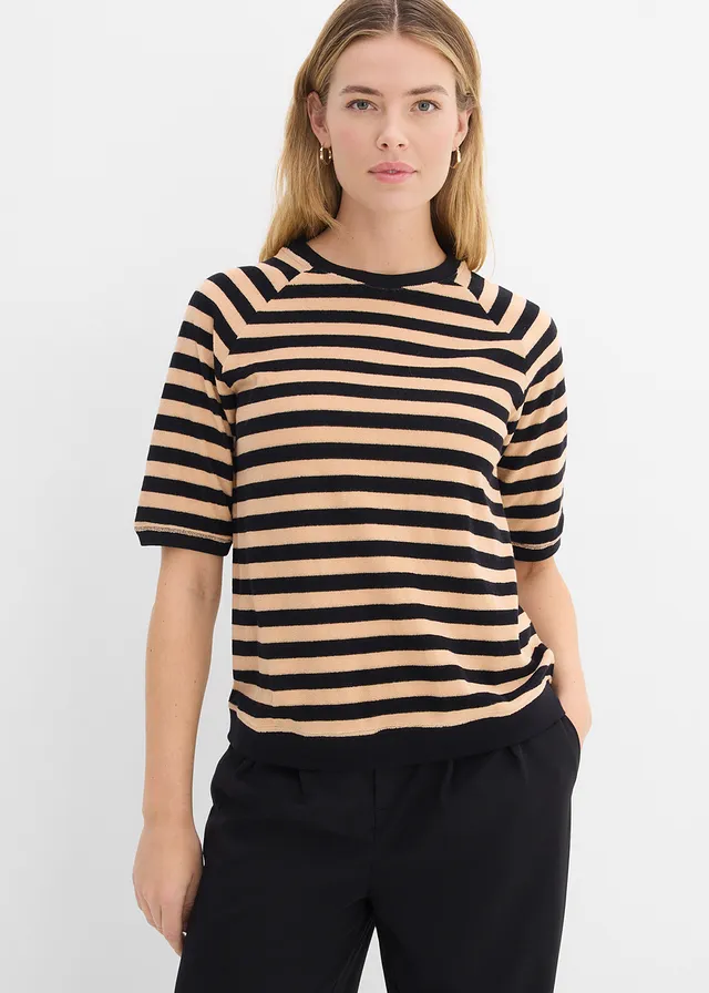 Shirt van zachte badstof, Kleur: zwart-soft beige gestreept