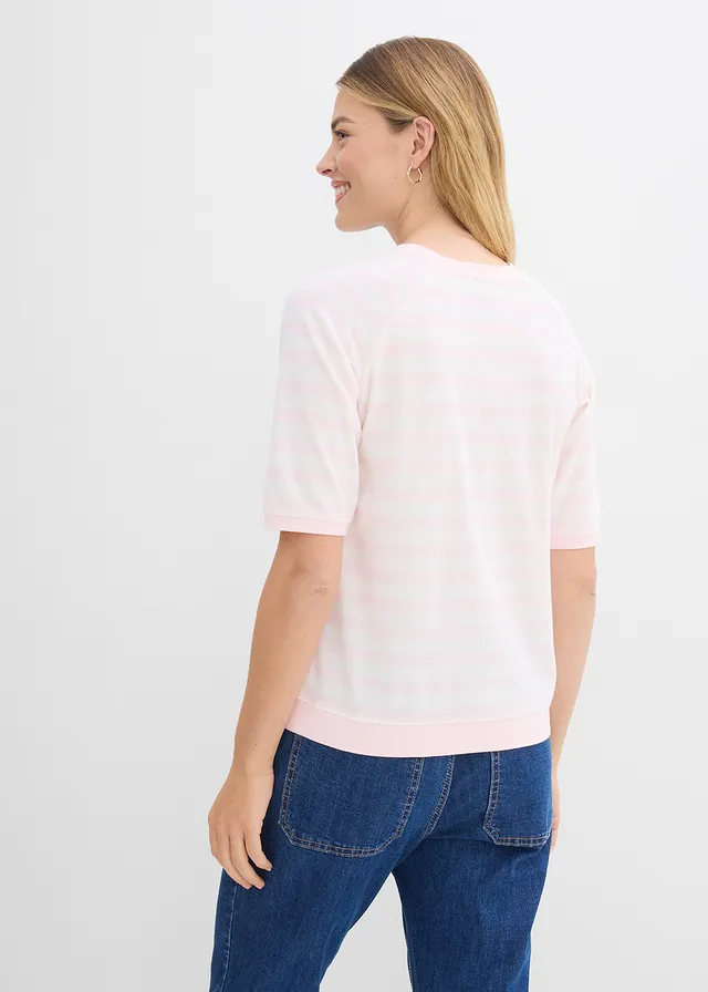 T-shirt en tissu éponge doux, Couleur: rose clair-écru rayé