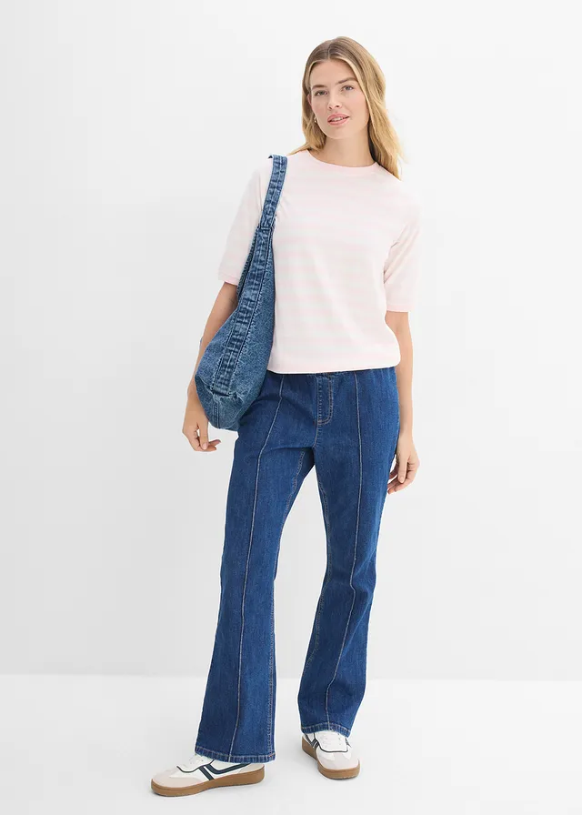 T-shirt en tissu éponge doux, Couleur: rose clair-écru rayé