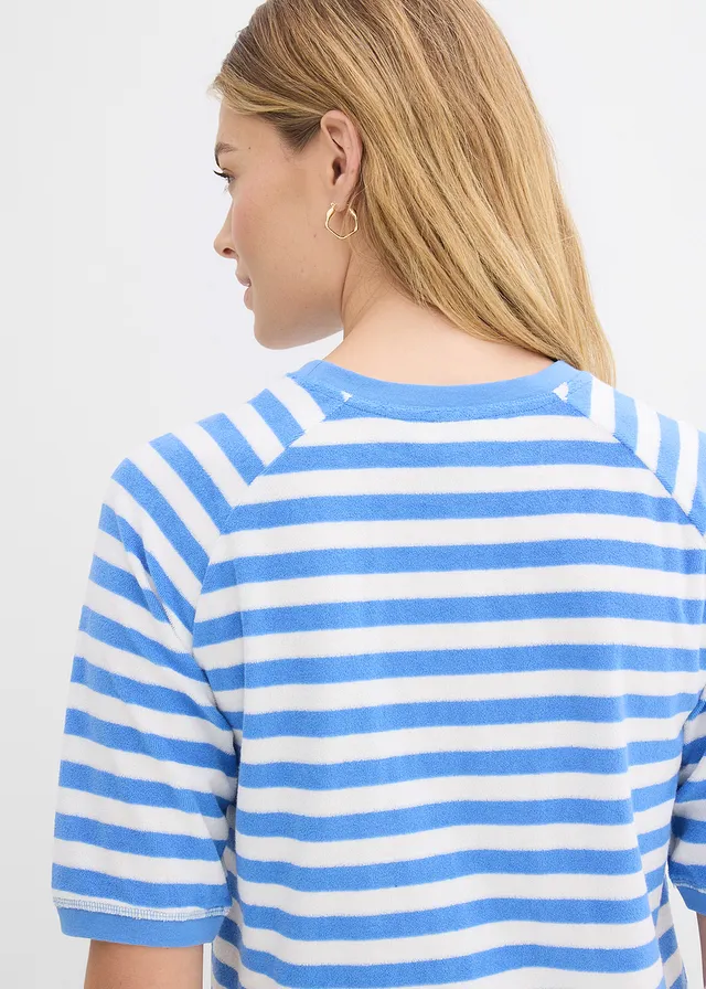 Bluză tricot din material frotir moale • albastru mediu/ecru cu dungi • magazin bonprix