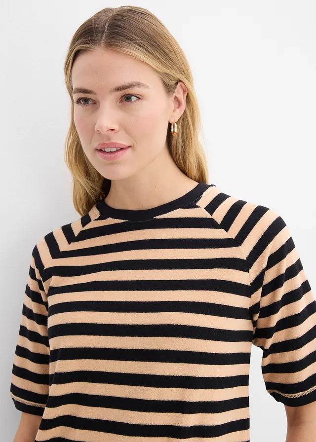 Bluză tricot din material frotir moale • negru/bej soft cu dungi • magazin bonprix