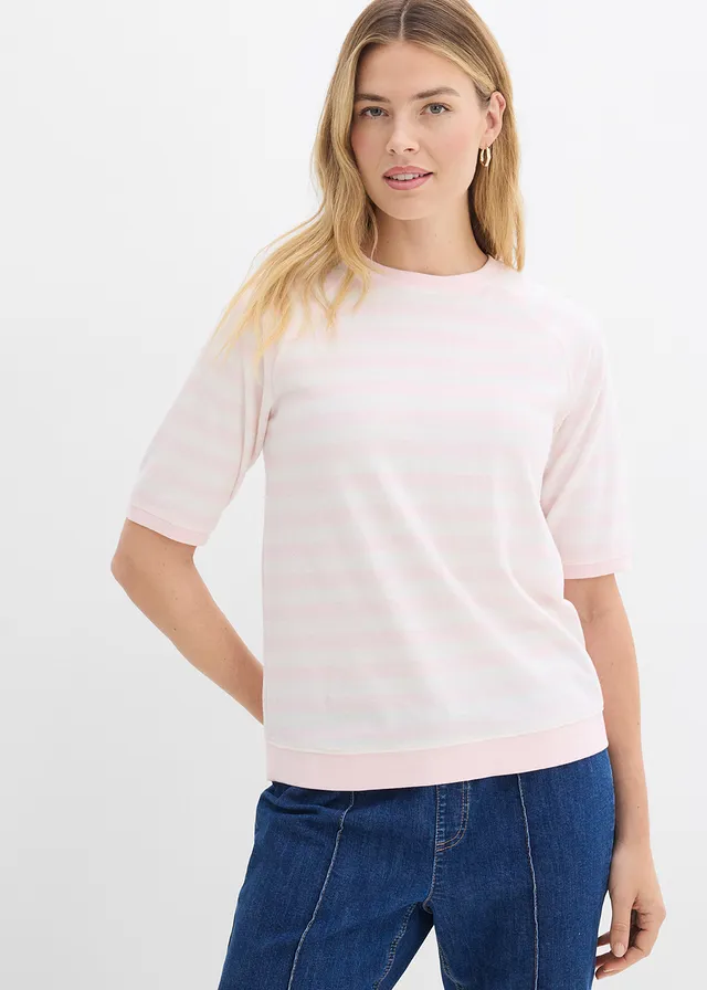 Bluză tricot din material frotir moale • roz deschis/ecru cu dungi • magazin bonprix