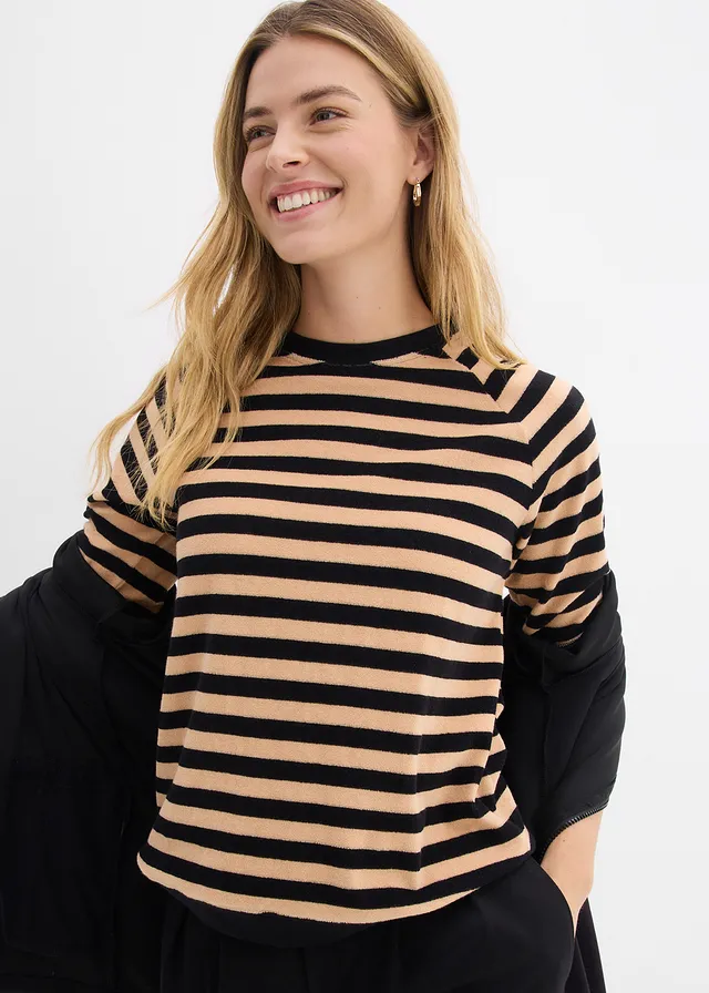 Bluză tricot din material frotir moale • negru/bej soft cu dungi • magazin bonprix