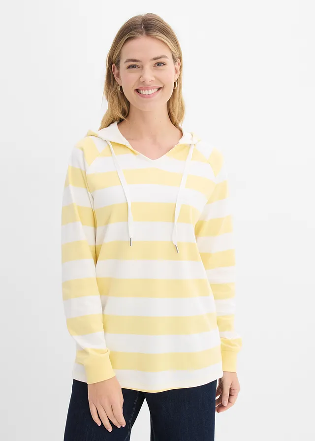 T-shirt manches longues à capuche 100% coton, Couleur: jaune clair-écru rayé