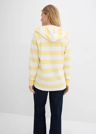 T-shirt manches longues à capuche 100% coton, Couleur: jaune clair-écru rayé