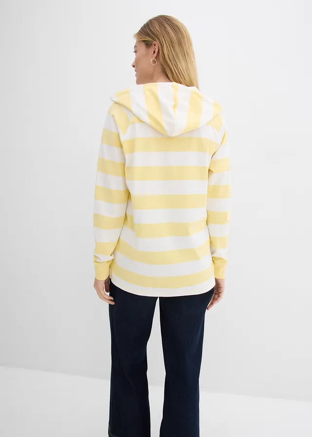 T-shirt manches longues à capuche 100% coton, Couleur: jaune clair-écru rayé
