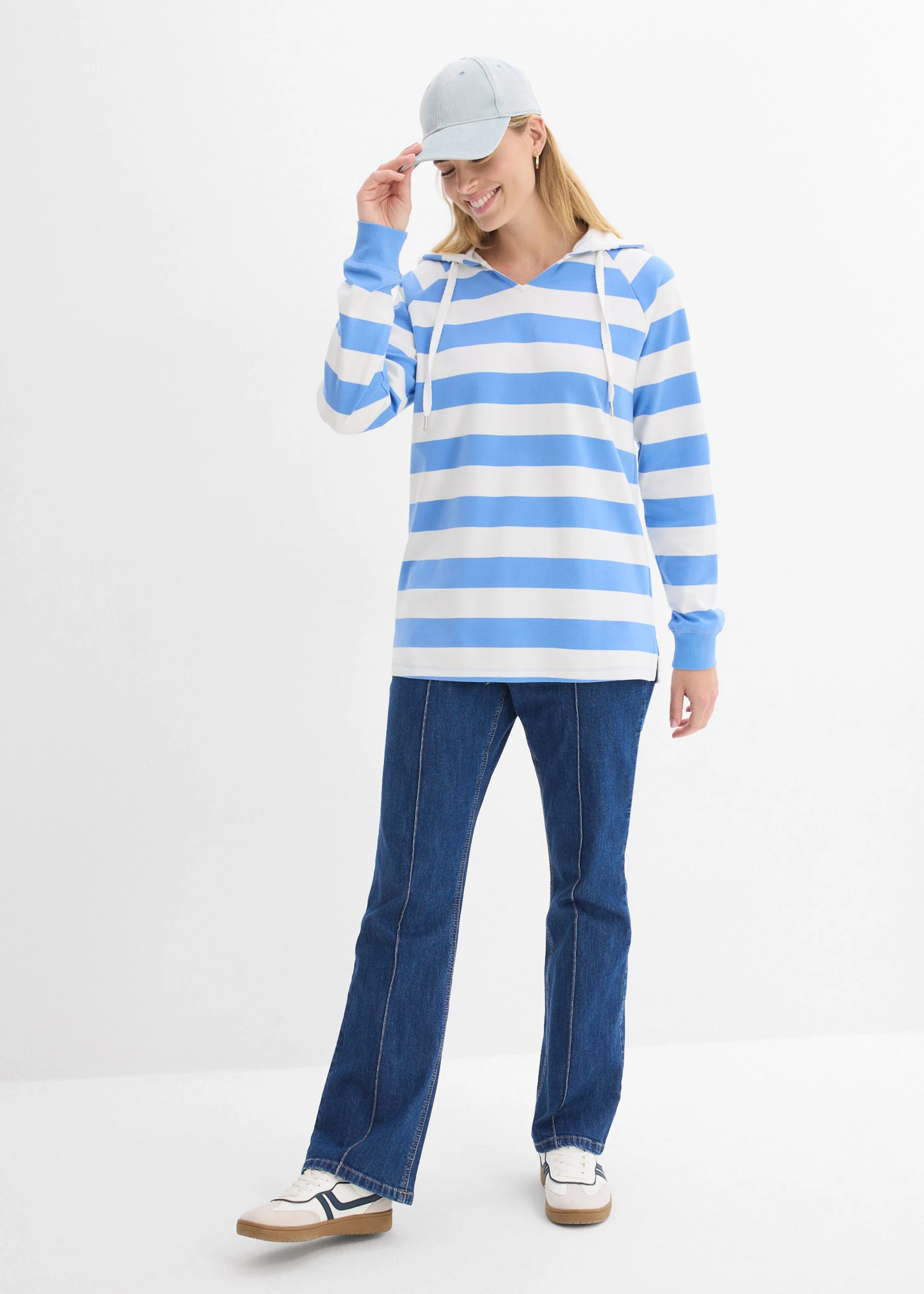 Lichte hoodie van puur katoen • middenblauw-wolwit gestreept • bonprix online shop