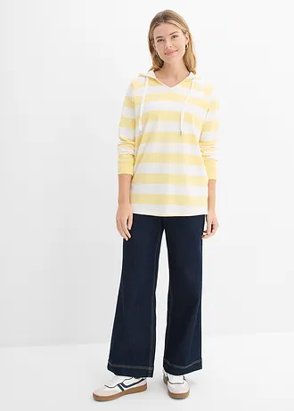 Lekka koszulka z kapturem i długim rękawem, kolor: jasnożółty-biel wełny w paski