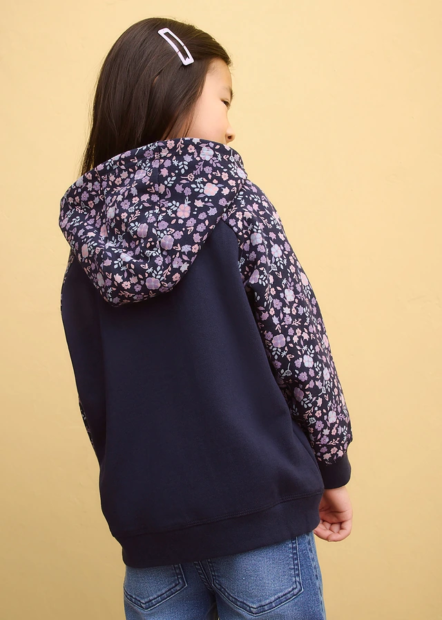 Sweatvest met capuchon van puur biologisch katoen, Kleur: donkerblauw met print