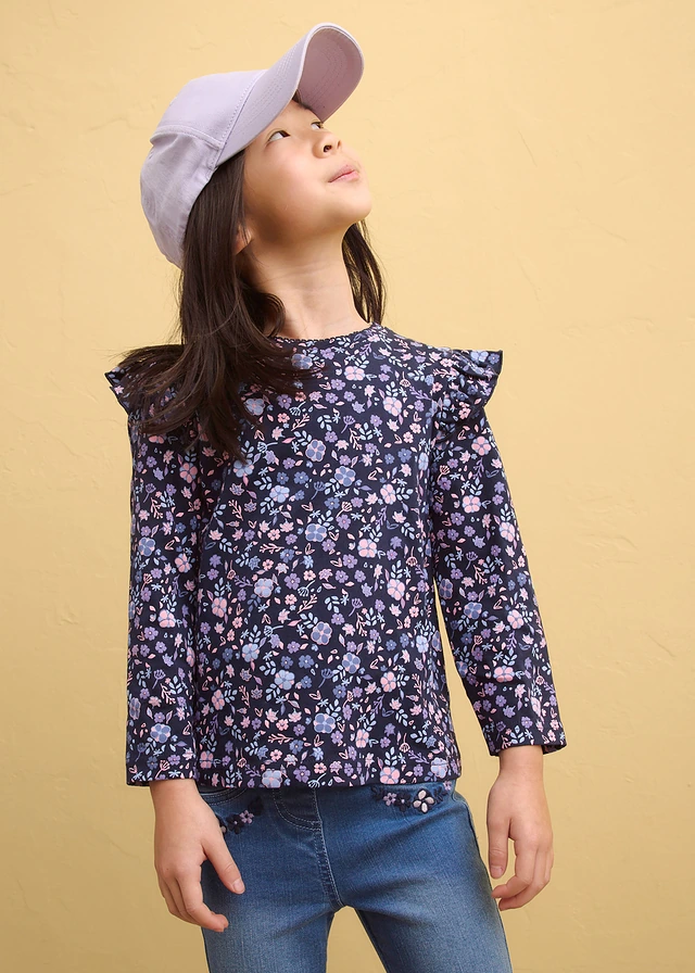 Longsleeve van biologisch katoen (set van 3), Kleur: donkerblauw+rookviolet+lichtblauw gebloemd