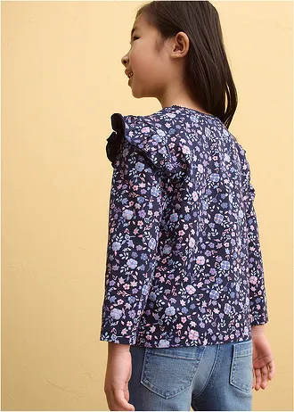 Longsleeve van biologisch katoen (set van 3), Kleur: donkerblauw+rookviolet+lichtblauw gebloemd