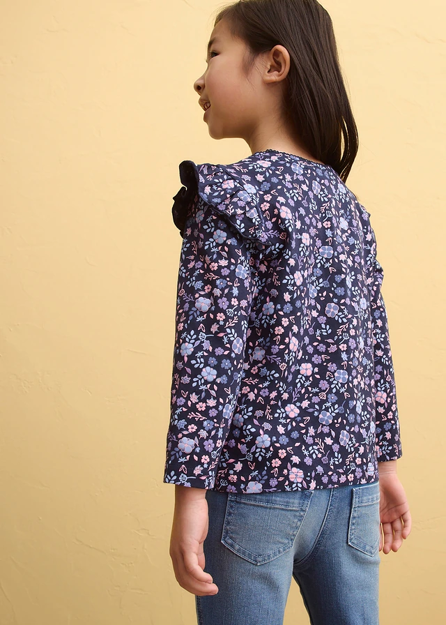 Longsleeve van biologisch katoen (set van 3), Kleur: donkerblauw+rookviolet+lichtblauw gebloemd