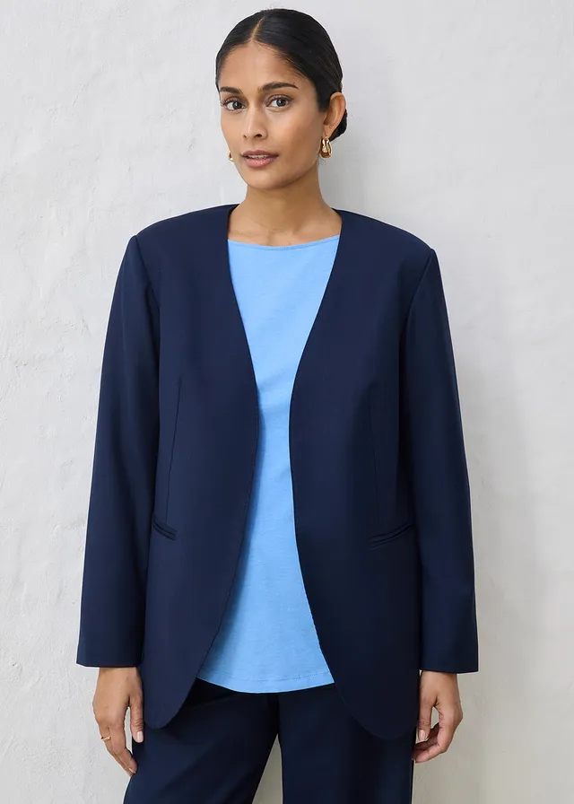 Kraagloze blazer in een zachte wolmix, Kleur: donkerblauw