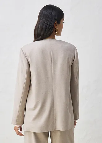 Kraagloze blazer in een zachte wolmix, Kleur: lichtsand gemêleerd