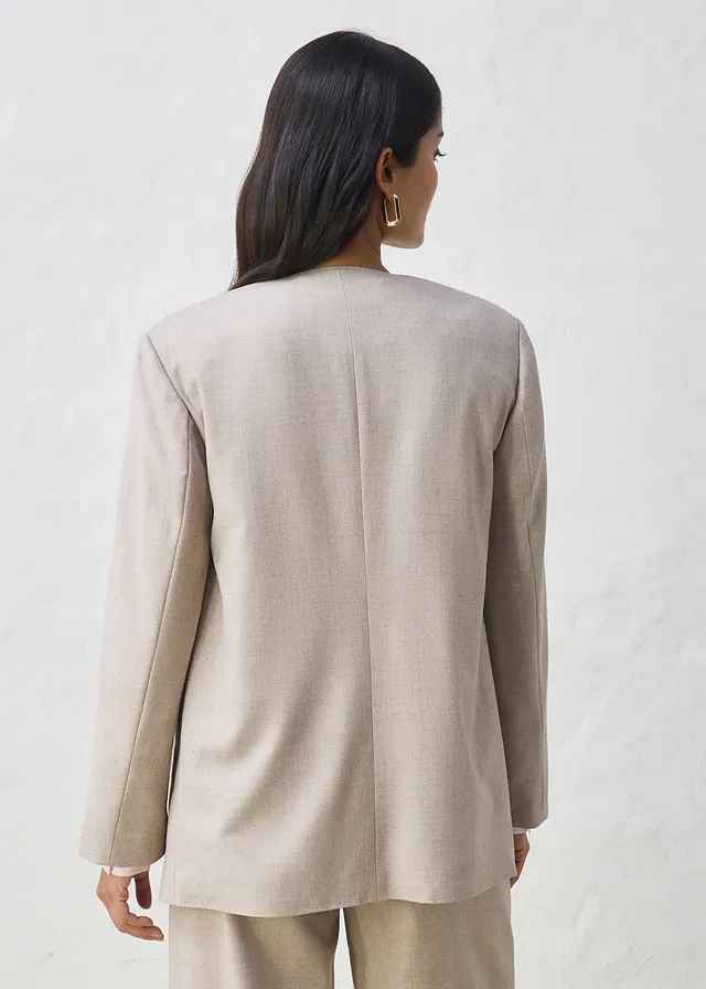 Kraagloze blazer in een zachte wolmix, Kleur: lichtsand gemêleerd