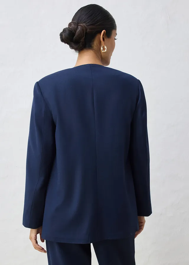 Kraagloze blazer in een zachte wolmix, Kleur: donkerblauw