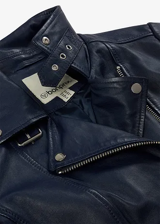 Veste biker en cuir nappa d’agneau • bleu foncé • Boutique bonprix