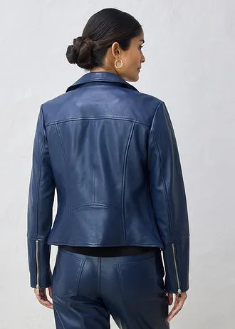 Veste biker en cuir nappa d’agneau, Couleur: bleu foncé