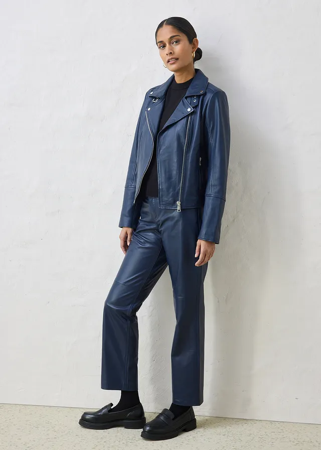 Veste biker en cuir nappa d’agneau bleu foncé