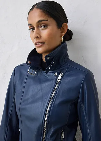 Veste biker en cuir nappa d’agneau, Couleur: bleu foncé