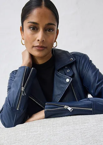 Veste biker en cuir nappa d’agneau • bleu foncé • Boutique bonprix