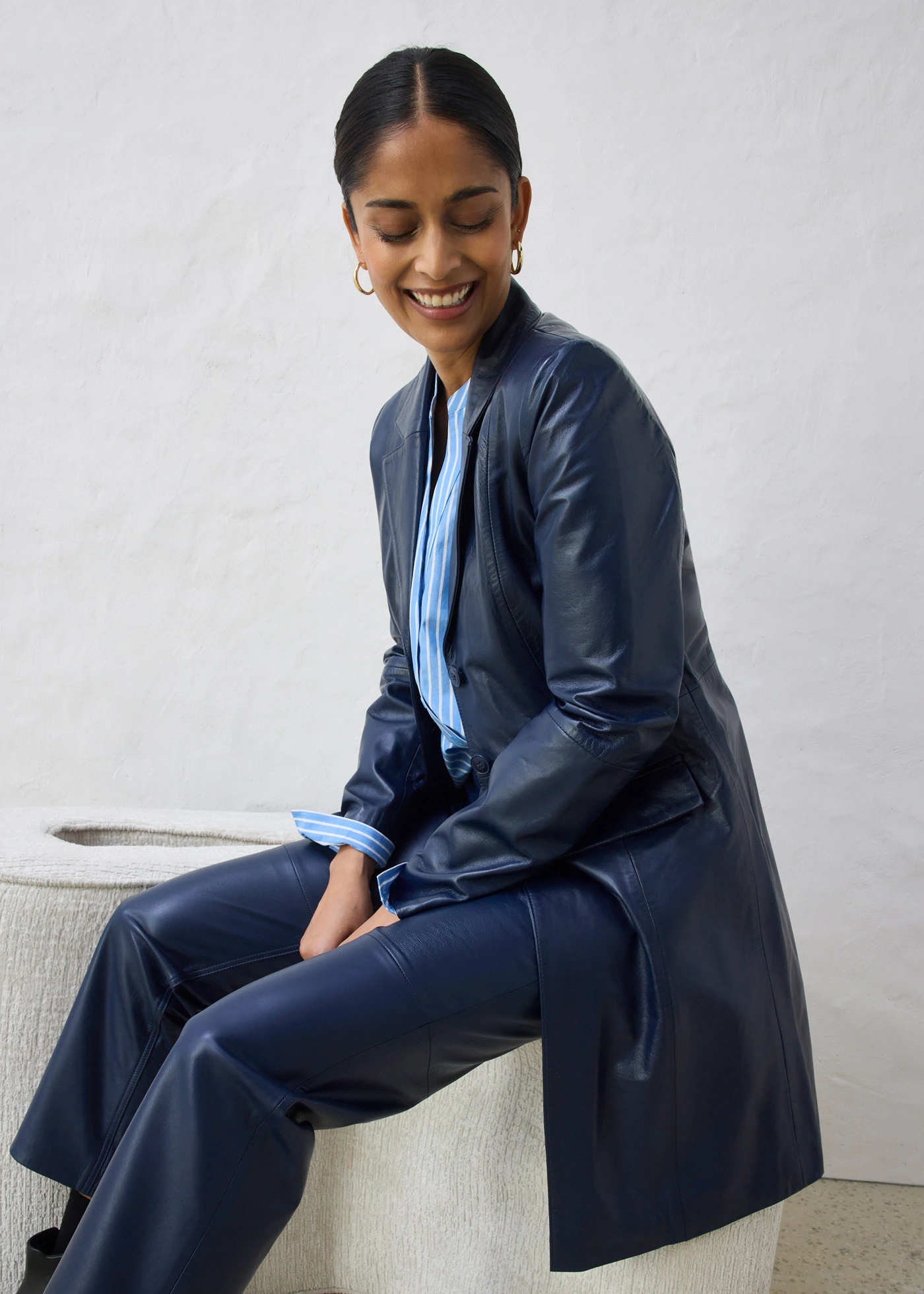 Manteau court en cuir nappa d’agneau • bleu foncé • Boutique bonprix