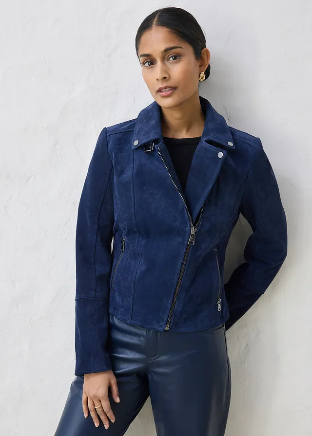 Veste biker en cuir velours, Couleur: bleu foncé