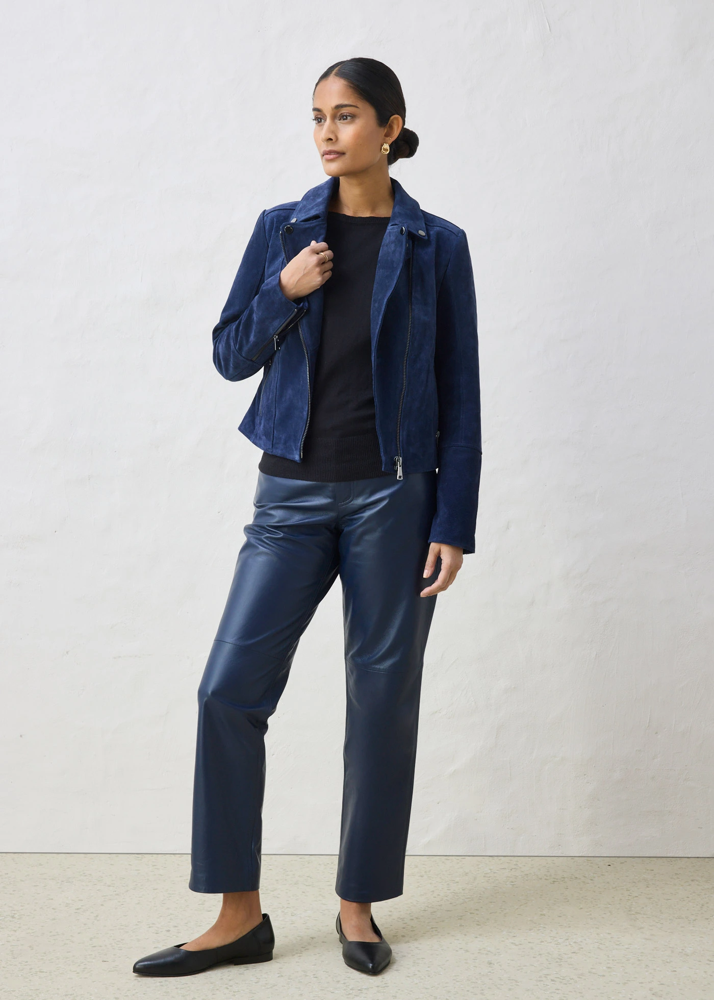 Veste biker en cuir velours • bleu foncé • Boutique bonprix