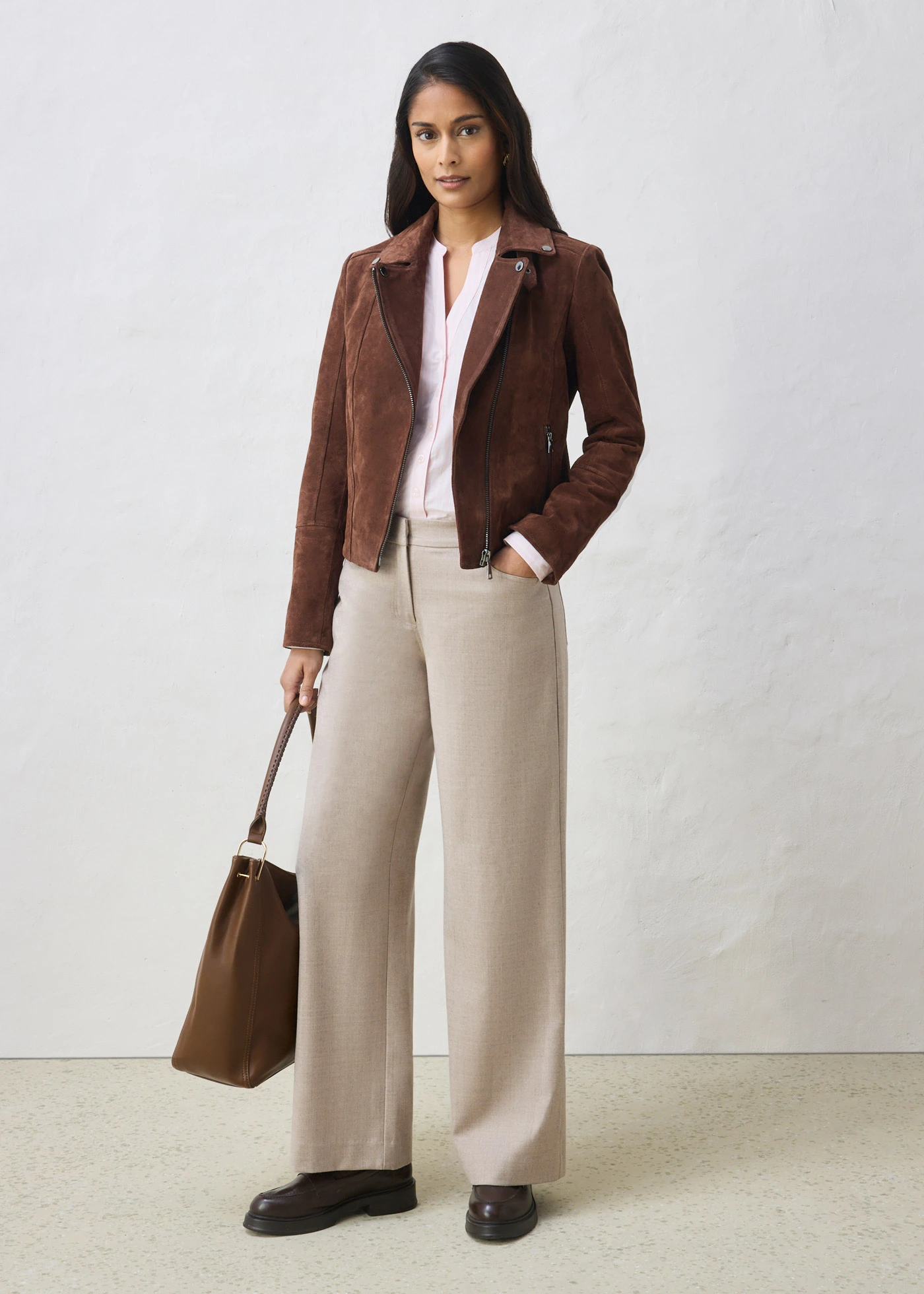 Kurtka typu biker ze skóry welurowej • brązowy • sklep bonprix