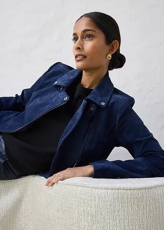 Veste biker en cuir velours • bleu foncé • Boutique bonprix