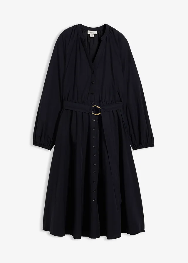 Robe-chemise en coton et soie avec ceinture • noir • Boutique bonprix