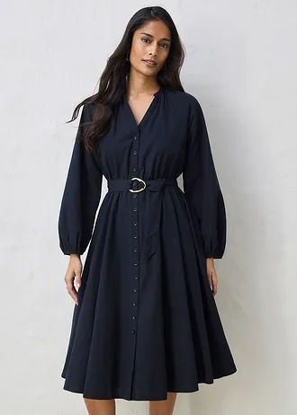 Robe-chemise en coton et soie avec ceinture, Couleur: noir
