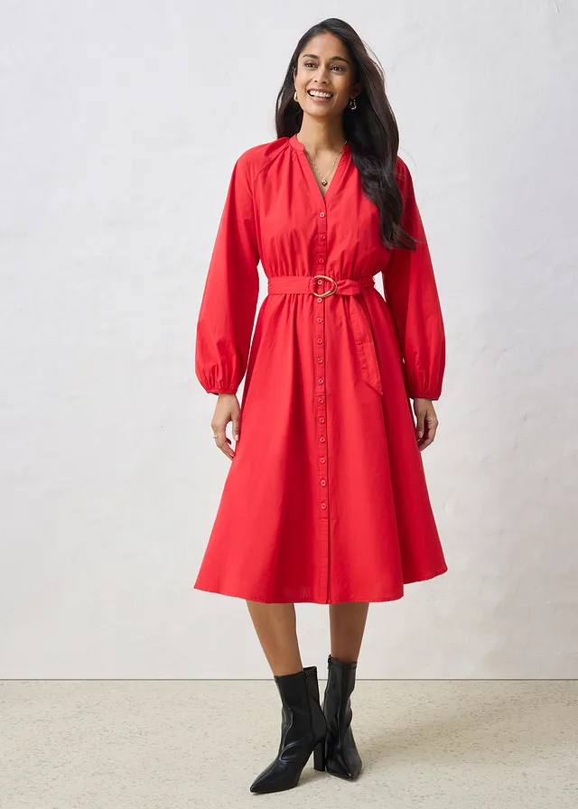Robe-chemise en coton et soie avec ceinture, Couleur: fraise