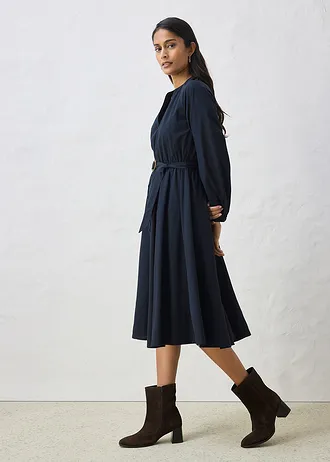 Robe-chemise en coton et soie avec ceinture, Couleur: noir