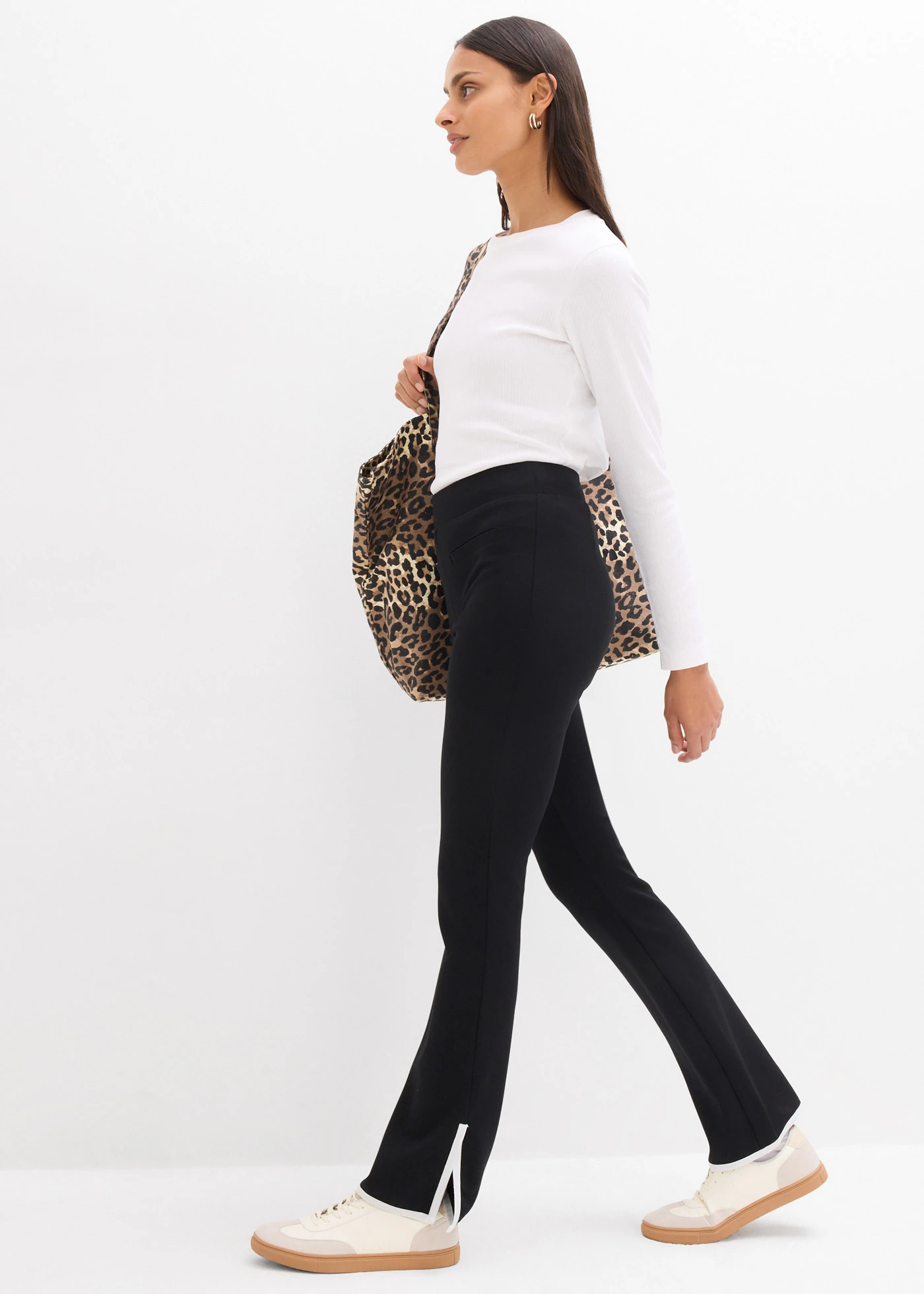 Pantalon en Punto di Roma avec fentes contrastantes • noir-écru • Boutique bonprix