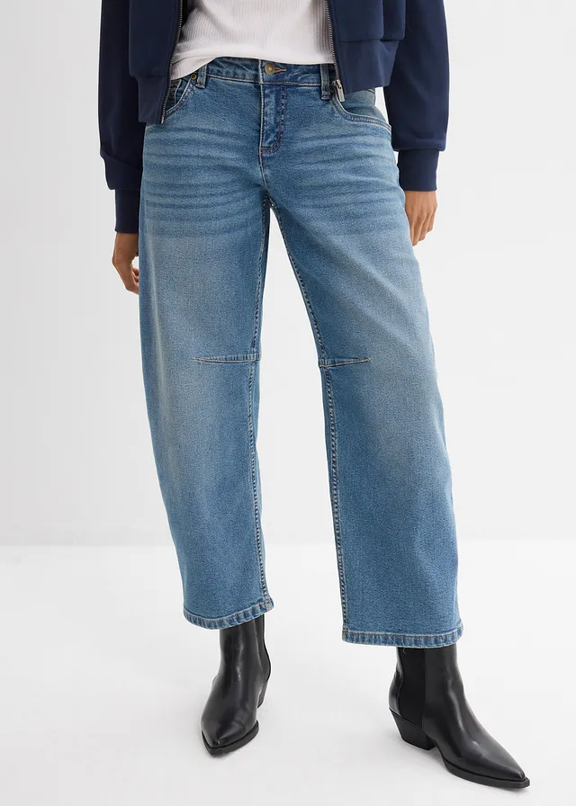 Jean barrel, taille mi-haute, Couleur: bleu moyen denim