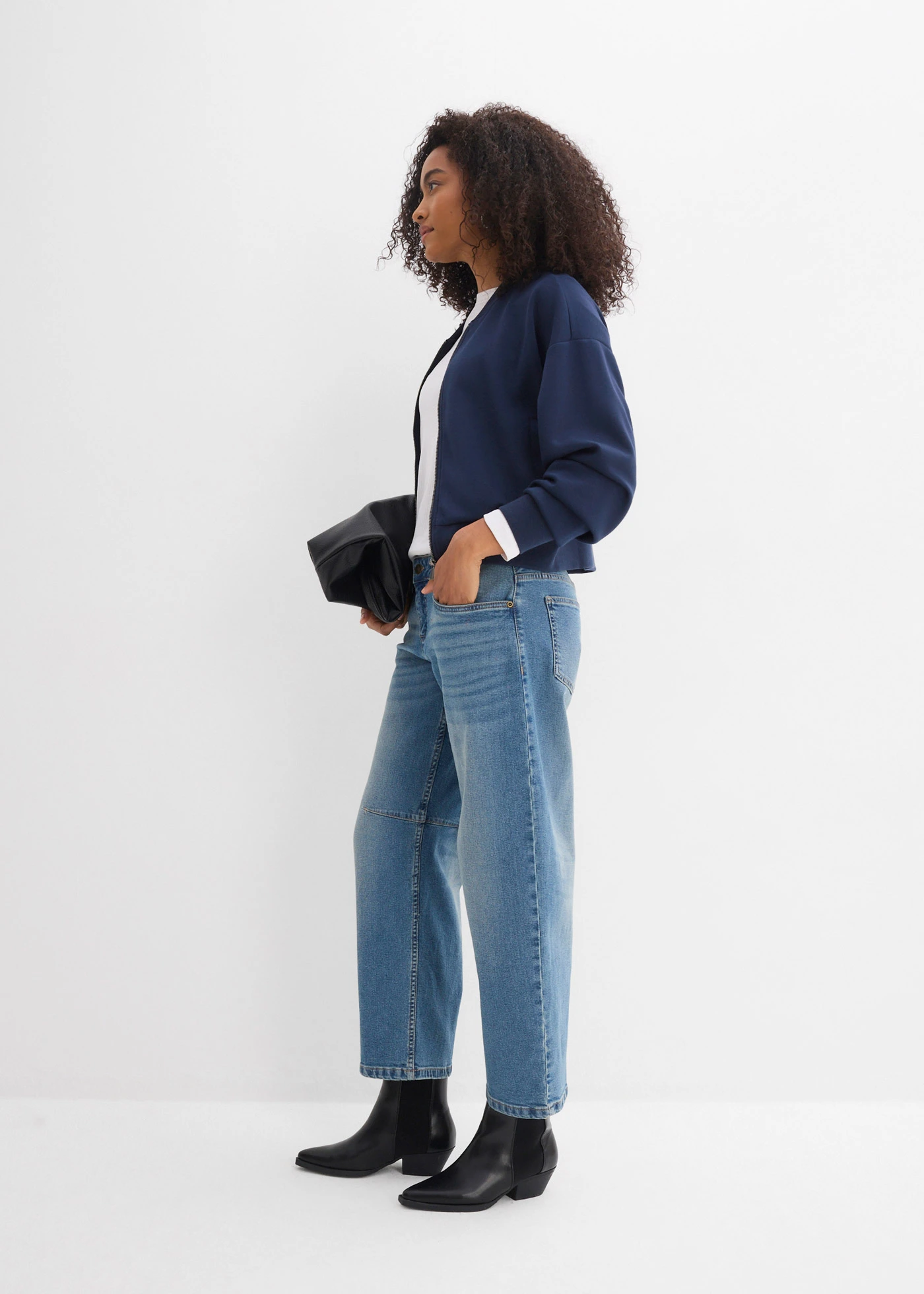Blugi Barrel, Mid Waist • albastru mediu denim • magazin bonprix